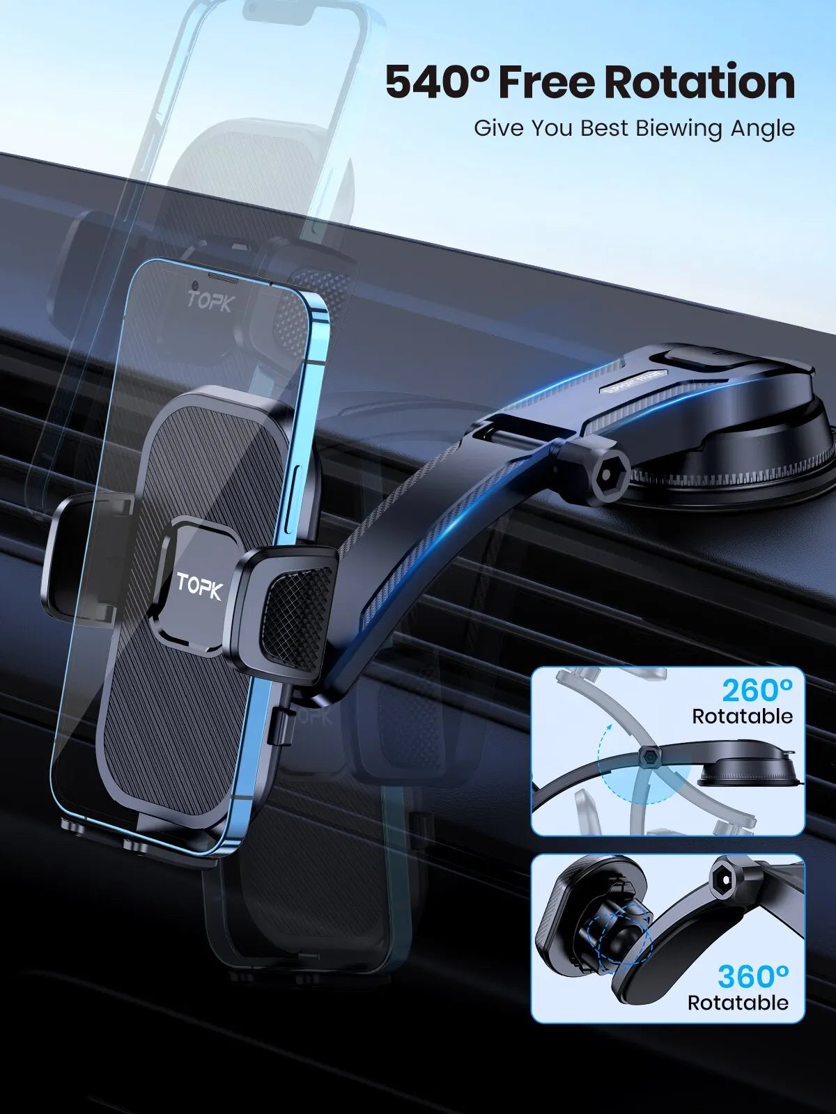 Soporte de teléfono para coche TOPK con sistema de gravedad – compatible con iPhone, Xiaomi y Samsung – Montaje versátil en salpicadero, parabrisas o rejilla de ventilación