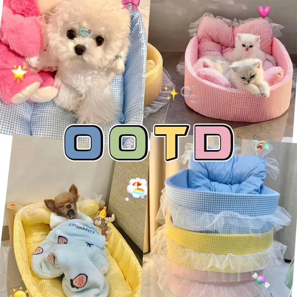 Cute Lace-Trimmed Pet Cat Princess Sofa Bed For Four Seasons Washable and Removable Soft Plush Oval for Small Dogs/Cats
