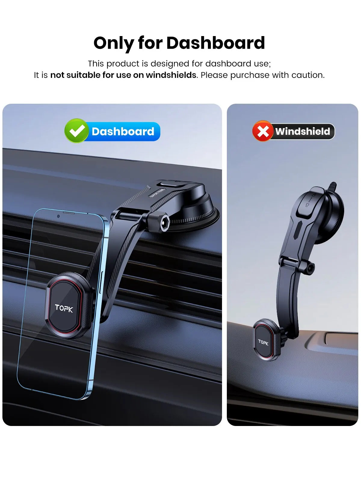 Soporte de teléfono para coche TOPK con sistema de gravedad – compatible con iPhone, Xiaomi y Samsung – Montaje versátil en salpicadero, parabrisas o rejilla de ventilación