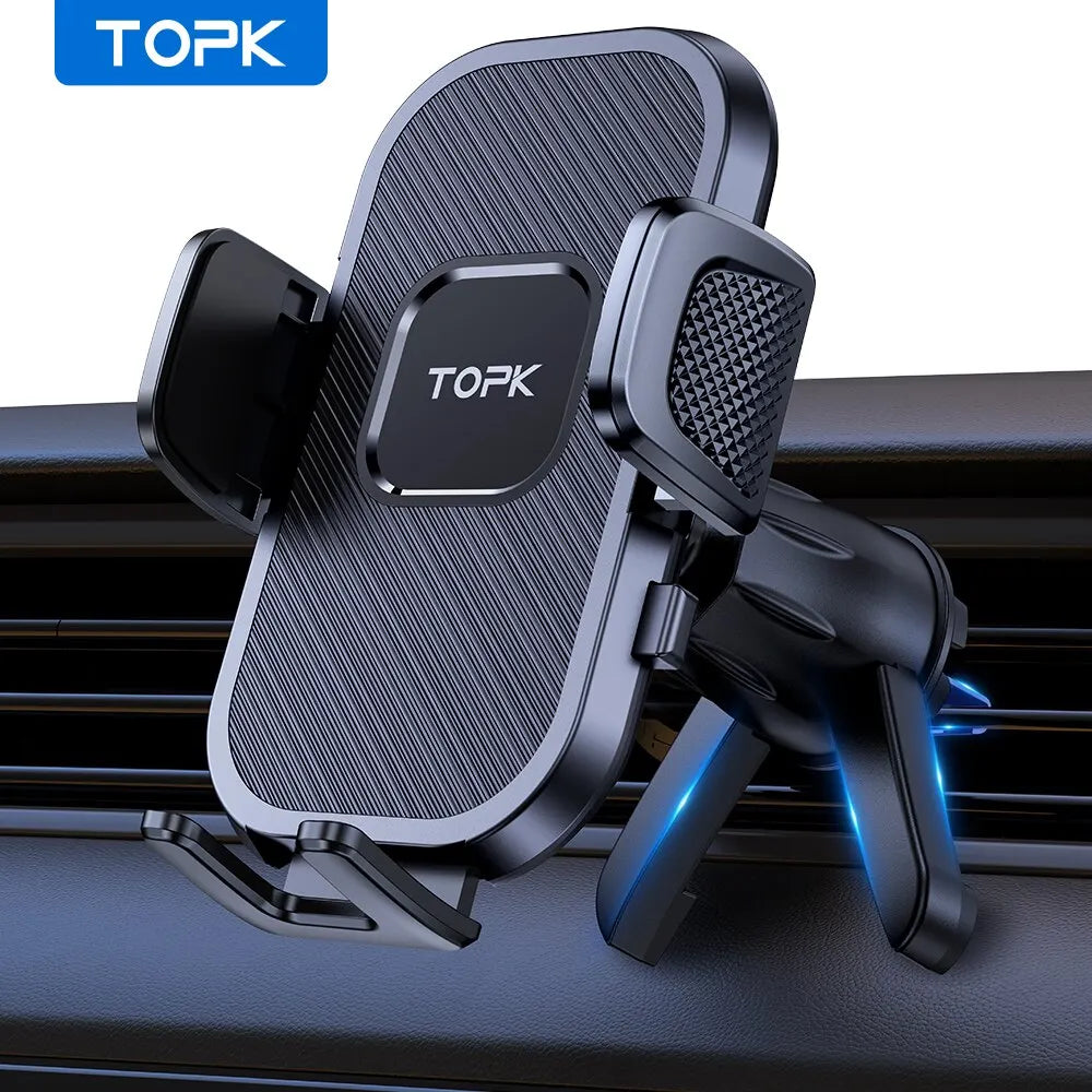 Soporte de teléfono para coche TOPK con sistema de gravedad – compatible con iPhone, Xiaomi y Samsung – Montaje versátil en salpicadero, parabrisas o rejilla de ventilación