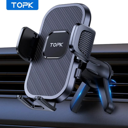 Soporte de teléfono para coche TOPK con sistema de gravedad – compatible con iPhone, Xiaomi y Samsung – Montaje versátil en salpicadero, parabrisas o rejilla de ventilación