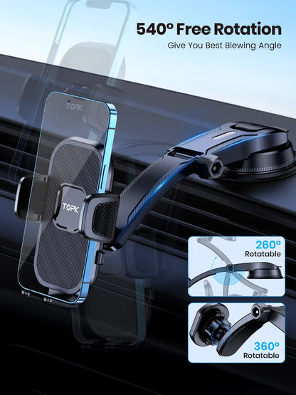Soporte de teléfono para coche TOPK con sistema de gravedad – compatible con iPhone, Xiaomi y Samsung – Montaje versátil en salpicadero, parabrisas o rejilla de ventilación