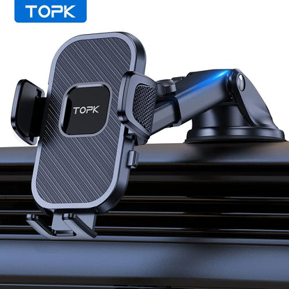 Soporte de teléfono para coche TOPK con sistema de gravedad – compatible con iPhone, Xiaomi y Samsung – Montaje versátil en salpicadero, parabrisas o rejilla de ventilación