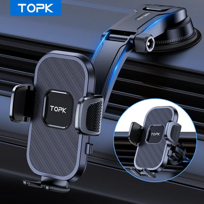 Soporte de teléfono para coche TOPK con sistema de gravedad – compatible con iPhone, Xiaomi y Samsung – Montaje versátil en salpicadero, parabrisas o rejilla de ventilación