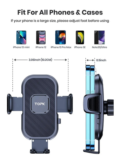 Soporte de teléfono para coche TOPK con sistema de gravedad – compatible con iPhone, Xiaomi y Samsung – Montaje versátil en salpicadero, parabrisas o rejilla de ventilación