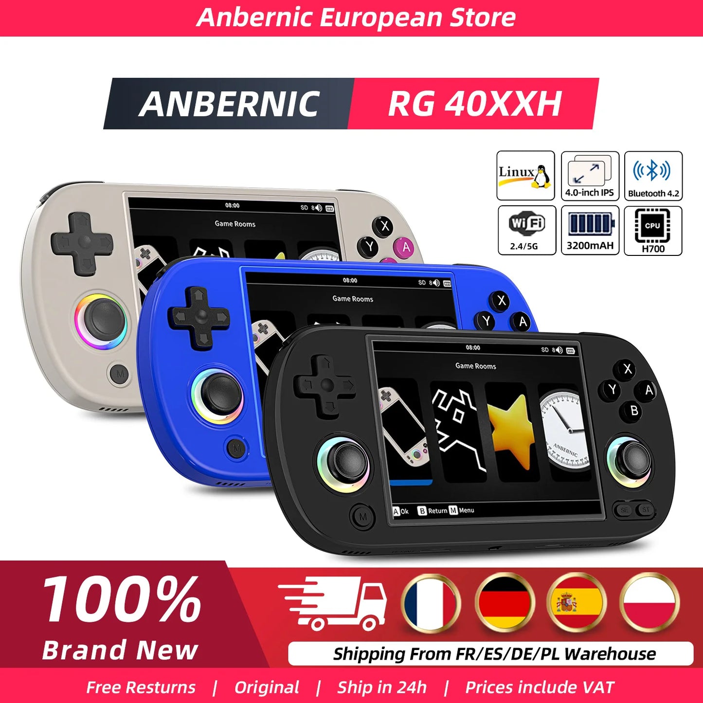 Anbernic RG40XX H 4.0” Handheld Retro Gaming Console – 64GB, 5000+ Preloaded Games, Portable Linux 64-bit System