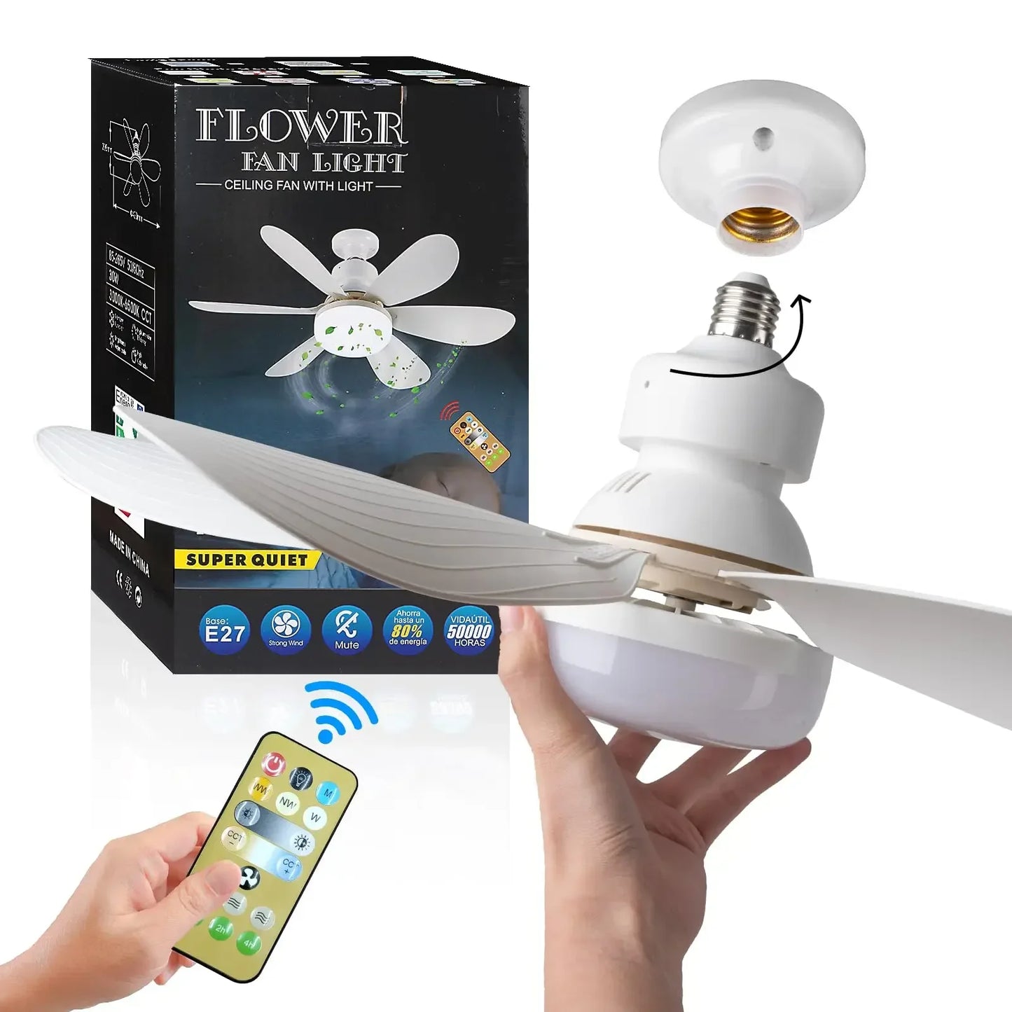 Ventilador de techo LED 40W con luz E27 y control remoto para atenuación, ideal para sala de estar, estudio y uso doméstico (85-265V)