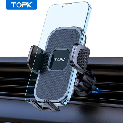 Soporte de teléfono para coche TOPK con sistema de gravedad – compatible con iPhone, Xiaomi y Samsung – Montaje versátil en salpicadero, parabrisas o rejilla de ventilación