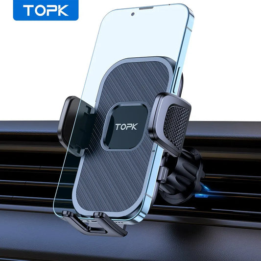 Soporte de teléfono para coche TOPK con sistema de gravedad – compatible con iPhone, Xiaomi y Samsung – Montaje versátil en salpicadero, parabrisas o rejilla de ventilación