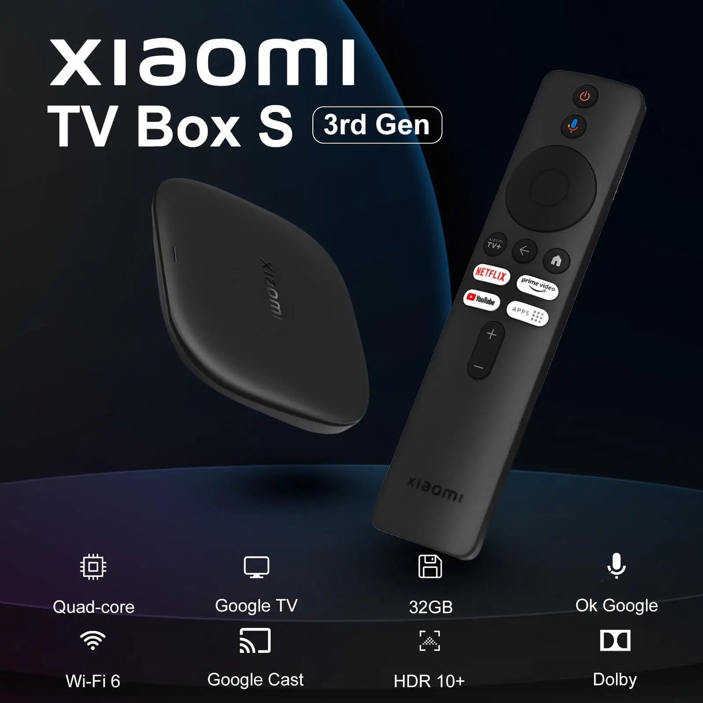 Xiaomi TV Box S (3rd Generation) | Smart TV Box with Google TV | 4K Ultra HD, Dolby Vision, HDR10+, 2GB RAM + 32GB ROM, Wi-Fi 6, Dolby Atmos, Black - Ideal streaming device for high-quality media playback and smart home integration.