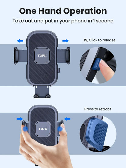 Soporte de teléfono para coche TOPK con sistema de gravedad – compatible con iPhone, Xiaomi y Samsung – Montaje versátil en salpicadero, parabrisas o rejilla de ventilación