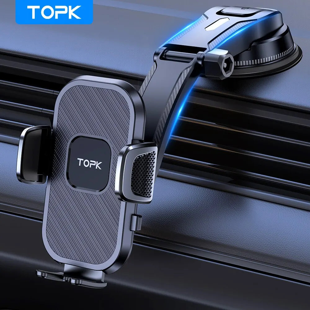 Soporte de teléfono para coche TOPK con sistema de gravedad – compatible con iPhone, Xiaomi y Samsung – Montaje versátil en salpicadero, parabrisas o rejilla de ventilación
